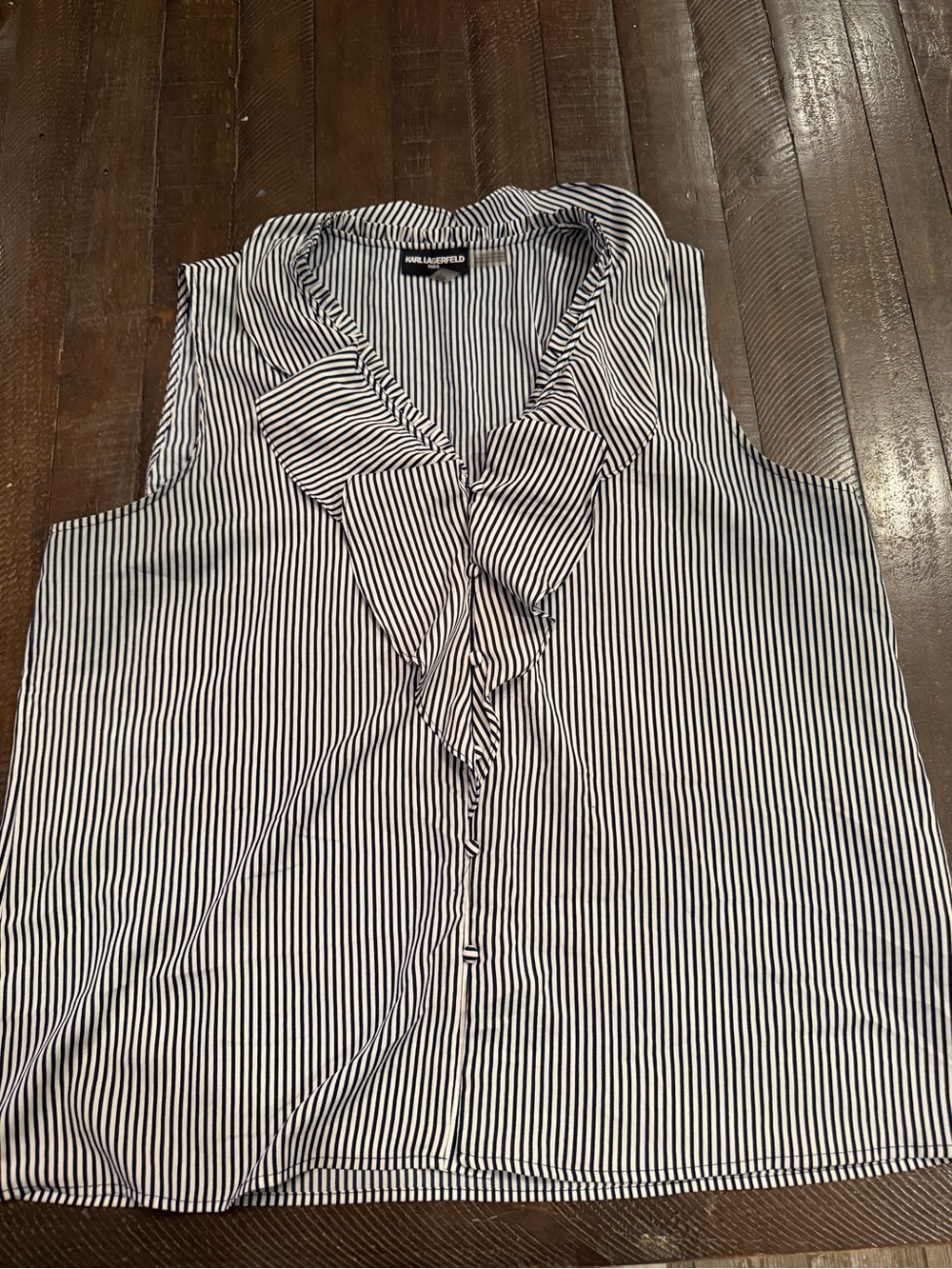 Karl Lagerfeld Black and White Vertical Stripe Ruffle Front Sleeveless Blouse